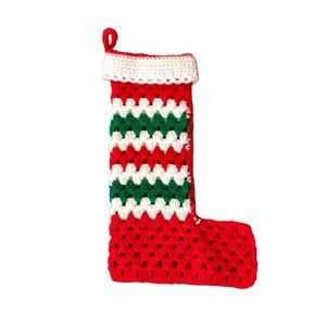 Vintage Handmade Christmas Stocking Used Crochet Red Green 70s